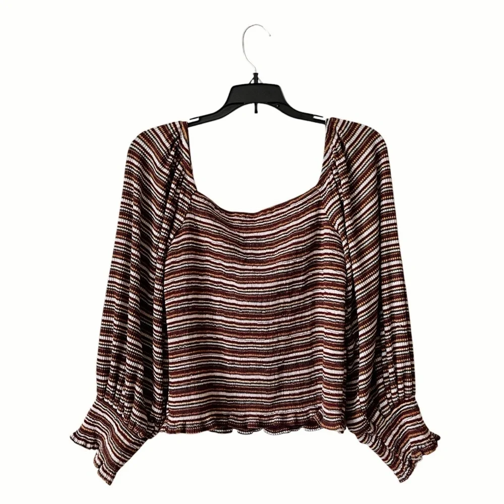 Anthropologie Smocked Puff Sleeved Top Women's Size L Striped Cropped Stretch